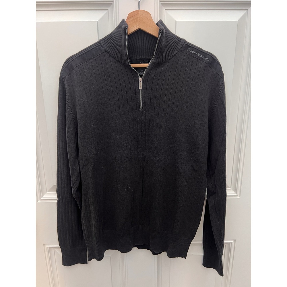 Calvin Klein Jeans Mens Black Ribbed Cotton Quarter Zip Sweater Large CKJ Logo